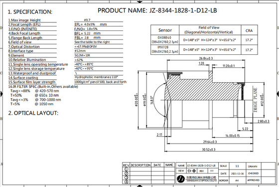 Ø9.7 F/NO1.8 8MP ADAS Camera Lens met breed zichtveld OX08B40 Sensor Lage vervorming