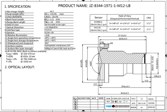 Ø9.7 F/NO1.8 8MP ADAS Camera Lens met breed zichtveld OX08B40 Sensor Lage vervorming